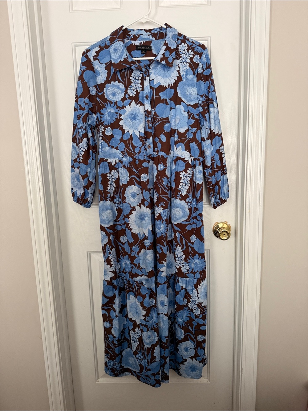 Rachel Zoe Women’s Chocolate Brown Blue Boho Floral Shirt Dress XL NWT